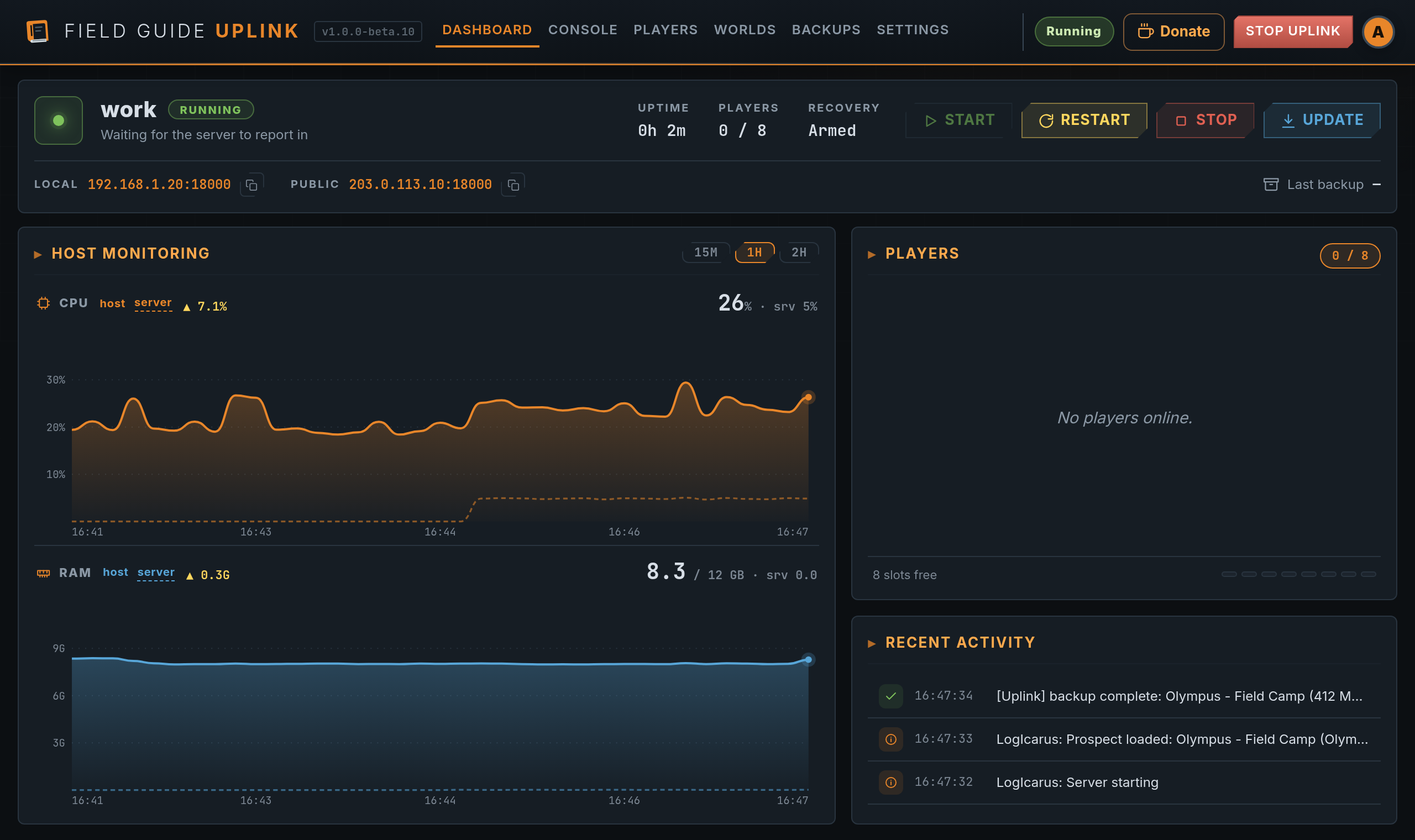 The Uplink dashboard running on Windows, showing server health, host monitoring and the player roster