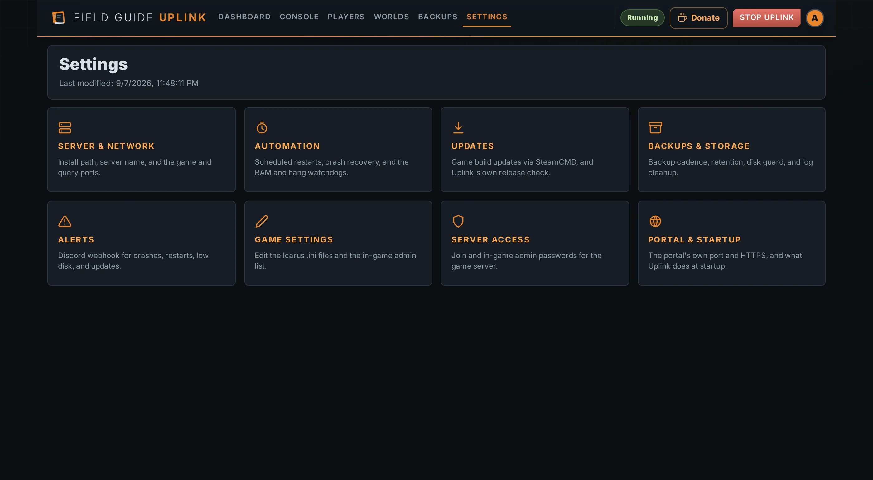 The Settings view: eight tiles covering server and network, automation, updates, backups and storage, alerts, game settings, server access, and the portal itself.