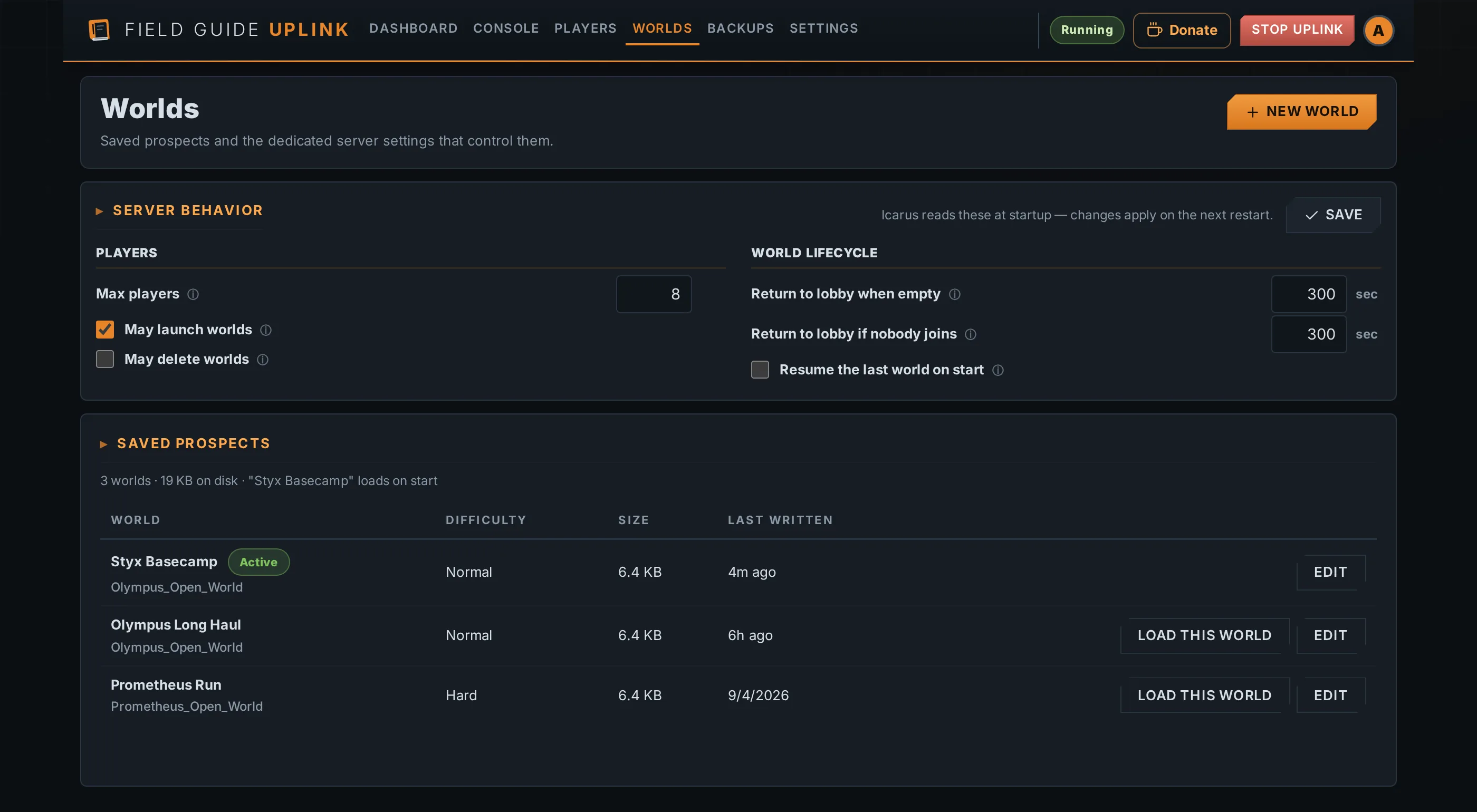 The Worlds view: three saved prospects with their map, difficulty, size and last-written time, the active one badged, and the dedicated server's player and lobby settings above them.